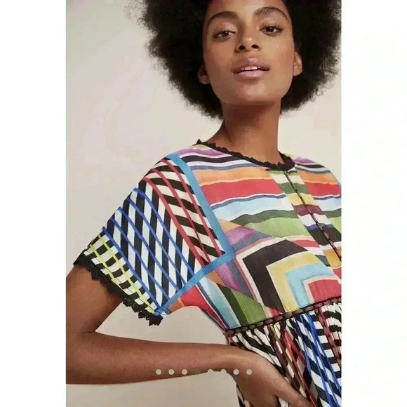 Anthropologie Tops - Anthropologie Short Sleeve Shirt Embroidered Flowy Tunic Top Colorful Boho Art